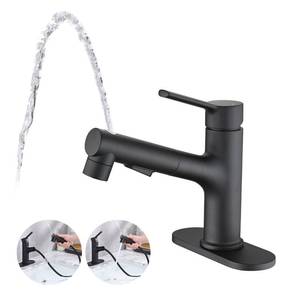 Besfelos Bathroom Sink Faucet with Pull Out Sprayer, Single Handle Modern Bathroom Basin Faucet with Pop-up Sink Drain Stopper & Deck Plate 1 or 4-inch Centerset 3 Hole, Matte Black