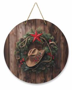 lot 9154 image: Christmas Welcome Sign for Front Door Decor Western Xmas Pine Needle Wreath Cowboy Hat Wood Grain Round Wooden Door Wreath Hanging Decoration for Outdoor Outside Porch Indoor Wall, 10 Inch