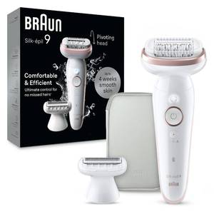 Braun Epilator Silk-Epil 9, Hair Removal Device, Women Shaver &amp; Trimmer, Pivoting Head, Wet and Dry Epilator, Includes Shaver Head and Trimmer Comb, SES9-030