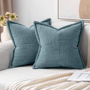 lot 1375 image: MIULEE Decorative Throw Pillow Covers for Couch Bed Livingroom 16x16 Inch Set of 2 Dusty Blue Boho Accent Throw Pllows Broadside Striped Patchwork Soft Corduroy Summer Coastal Pillowcases