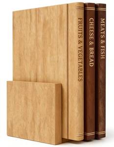 lot 1391 image: Book Cutting Board Set with Stand - Wooden Library Shaped Chopping Boards That Look Like Books, Labeled Meat, Fish, Cheese & Bread, Fruits & Vegetables, Decorative Kitchen Cutting Boards