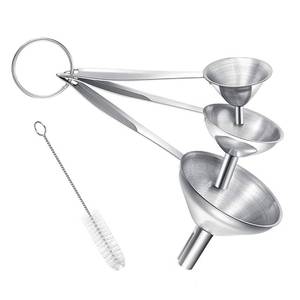 lot 1413 image: Small Funnels for Filling Bottles, 3 Pcs Stainless Steel Kitchen Funnel Set, Food Grade Mini Metal Funnel for Transferring Oil Liquid, Easy Cleaning with a Brush (Long Handle)