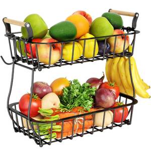 lot 1439 image: Alebew 2 Tier Fruit Basket Bowl with 2 Banana Hangers for Kitchen Counter, Countertop Fruit Storage Produce Basket Metal Vegetable Holder Stand Organizer for Bread Snack Veggies Potato, Black