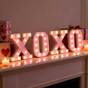 lot 1453 image: Light up Letters Valentines Day LED Marquee Letter Lights, Glitter Pink Light Up Letters Sign for Valentines Tabletop Decor Fireplace, Bedroom, Wedding, Anniversary XOXO