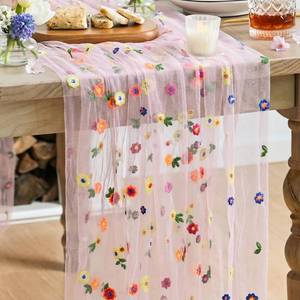 lot 1518 image: Artoid Mode Light Pink Wildflower Floral Gauze Embroidery Table Runner 120 Inch 10FT, Tulle Seasonal Spring Kitchen Dining Table Decor for Home Party
