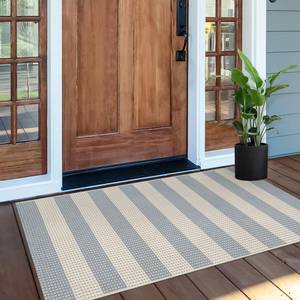 lot 1575 image: OJIA Outdoor Porch Rug Front Door Mat 24x51, Washable Checkered Entry Striped Front Door Rug Cotton Woven Kitchen Carpet Small Area Rug for Entryway Patio Bedroom Bathroom (BlueWhiteTan)
