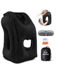 lot 1581 image: JefDiee Inflatable Travel Pillow, Airplane Neck Pillow Comfortably Supports Head and Chin for Airplanes, Trains, Cars Office Napping on The Tray Table (Black)