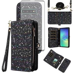 lot 1584 image: Asuwish Phone Case for Samsung Galaxy S10 Plus Zipper Wallet Magnetic Detachable Cover with Screen Protector and Glitter Card Holder Slot Stand Cell S10 S10plus 10S Edge S 10 10plus Women Men Black
