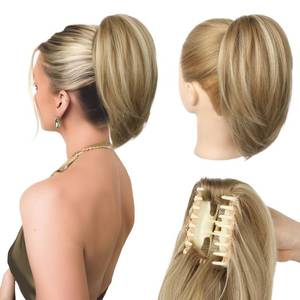 lot 1588 image: NTYNTY Ponytail Extension - 10 Short Claw Clip in Ponytail Hair Extensions Messy Bun Hair Piece Natural Soft Synthetic Straight Pony Tail Hair Pieces for Women - Honey Blonde with Highlights
