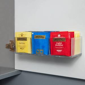 lot 1612 image: TelKeen Tea Bag Organizer Holds up to 60 Tea Bags, Tea with 3 Compartments, Adhesive Wall Mount Tea Box Strong Tea bag Holder Hooks for Storage Cabinet and Kitchen Pantry Doors Transparent