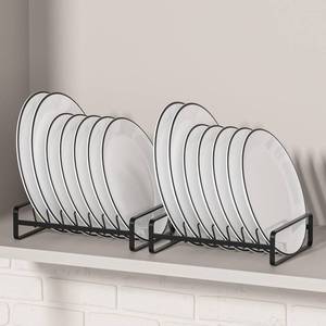 lot 1614 image: 2 Pack Plate Holders Organizers 8 Slots Upright Cabinet Dish Drying Racks Metal Plate Stands (for 6In. 10In. Plates) Dish Organizers for Countertop and Cupboard(at Least 11.2in.Height) Black