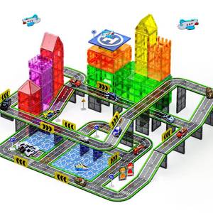 lot 8391 image: 121PCS Magnetic Tiles Road Set with Pullback Cars. Magnet Tiles for Building Construction Toys with Ship, Airplane, Traffic Sign, STEM Magnetic Tiles for Kids Ages 4-8, Educational Gifts for Ages 3