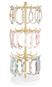 lot 8404 image: Mkono Bracelet Holder Gold Metal Rotating Bracelet Display Stand 3 Tier Jewelry Tower rack with 36 Hooks and Wood Base Modern Adjustable Storage Organizer Tree for Selling KeyChain Bangle Accessories