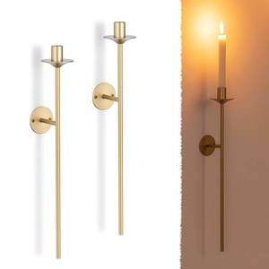 lot 8432 image: Romadedi Wall Sconces Candle Holder - Set of 2 Vintage Candle Sconces for Candlestick Taper Retro Long Metal Sconce Wall Decor for Living Room Dinning Room Bedroom Bathroom, Muted Gold