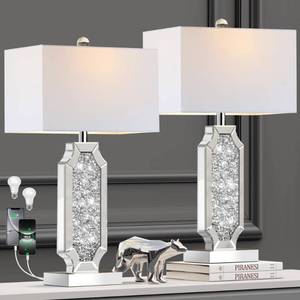 lot 8451 image: Hamucd 3-Way Dimmable Touch Diamond Crushed Mirrored Bedside Table Lamps Set of 2 for Living Room with USB AC Ports,Tall Silver Modern Bling Nightstands Lamps for Bedroom with 2 Bulbs (Silver)