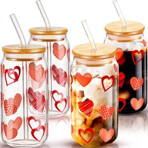 lot 8453 image: Suclain 4 Pcs Valentine��s Day Glass Cups with Bamboo Lids and Straws Beer Can Drinking Glasses Set Decorative Heart Iced Coffee Cup Tumbler Clear Drinking Jars Gift for Valentine��s Day (16 oz)