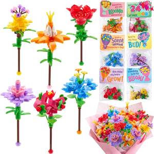 lot 8462 image: JOYIN 24 Pcs Valentines Day Flower Bouquet Building Blocks with Cards, 6 Flower Block Designs with 6 Matching Tags, Valentines Day Gifts for Kids School Classroom Exchange Prize Party Favor