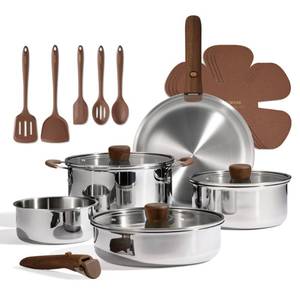 lot 8465 image: CAROTE 19pcs Stainless Steel Cookware Set with Detachable Handle, Pots and Pans Set, Induction Kitchen Cooking Sets, RVCamping Cookware, Removable Handle, Oven Safe, Woodgrain