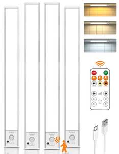 lot 8468 image: Under Cabinet Lighting Wireless, 16 inch LED Motion Sensor Light Indoor, Rechargeable Closet Lights with Remote, 3 Color Temps, Dimmable, Magnetic Under Counter Lights for Kitchen, Stairs, 4 Pack