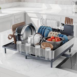 lot 8479 image: SUNLY Large Dish Drying Rack, Expandable Dish Racks for Kitchen Counter, Space Saving 304 Stainless Steel Drying Rack Kitchen, Extra Large Drainer with Multifunctional Flip Up Pegs, Gray