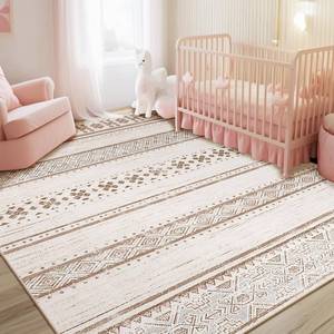 lot 8493 image: BESTSWEETIE 5x7 Area Rugs for Living Room Washable Moroccan Farmhouse Neutral Geometric Low Pile Non-Slip Soft Print Pattern Rug for Bedroom Kitchen Dining Room Entryway CreamBrownPink