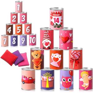 lot 8576 image: Libima 13 Pcs Valentines Day Game Carnival Party Bean Bag Toss Sturdy Knockdown Outdoor Can Party Game with 10 Tin Cans and 3 Bean Bags for Outdoor and Indoor(Pink)
