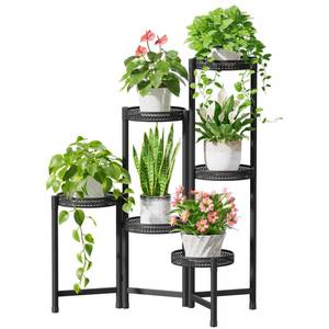 lot 8601 image: iDavosic.ly Plant Stand Indoor Outdoor, 6 Tier Corner Metal Flower Display Holder Shelf, Folding Tall Orchid Rack for Patio Balcony Porch Garden Living Room House, Wrought Iron - Modern Black