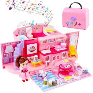 lot 8603 image: deAO Doll Houses Portable Backpack for Girls with Doll Toy House with Light and Music Baby Dollhouse Furniture for 3 to 8 Years Olds Toddler Kids