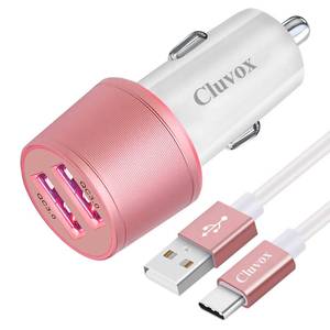 lot 8615 image: Fast USB Car Charger for Samsung Galaxy A56A55A54A53A50A17A16A15A14S26S25S24S23S22 PlusUltraNote 20A21A31A51 Quick Charge 3.0 Dual USB Rapid Car Charger with Type C Cable 3.3ft-Pink