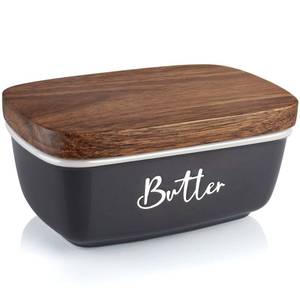lot 8627 image: Gray Butter Dish, ALELION Large Ceramic Butter Dish with Lid for Countertop, Butter Container with Acacia Wooden Lid, Modern Country Kitchen Decor and Accessories for Counter, for Kitchen Gifts