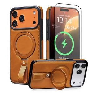lot 8663 image: BUTAIGA for iPhone 17 Pro Leather Case with Stand, Anti-Slip Grip Ring, Fits for MagSafe (Brown, IP17 Pro-6.3inch)