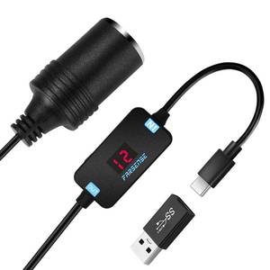 lot 8689 image: FARSENSE USB A to 12V Cigarette Lighter Adapter(36W)-USB C Male to Cigarette Lighter Female Socket PD Trigger Cable(2FT) with Switching Voltage and Display Voltage,for Dash Cam,GPS,Etc