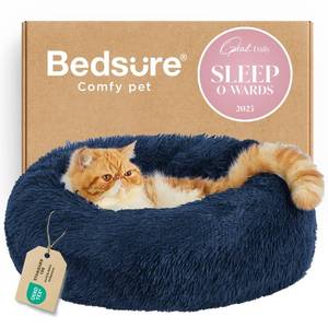 lot 8707 image: Bedsure Calming Cat Beds for Indoor Cats - Small Cat Bed Washable 20 inches, Anti-Slip Round Fluffy Plush Faux Fur Pet Bed, Fits up to 15 lbs Pets, Navy