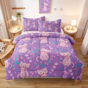 lot 8713 image: SIRDO 5 Piece Girls Cat Comforter Set Full Size Bed in A Bag Pink Cute Cartoon Cats Bedding Set for Kids Teens (1 Comforter, 1 Flat Sheet, 1 Fitted Sheet, 2 Pillowcases), Purple Pink