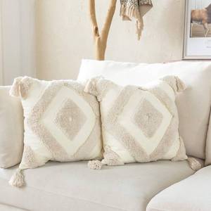 lot 8724 image: Snugtown Woven Tufted Boho Throw Pillow Cover Set of 2, Modern Decorative Geometric Diamond Chevron Cushion with Tassels, Farmhouse Tribal Pillowcase, 18 x 18 Inches, Ivory