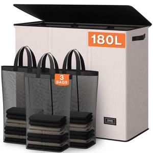 lot 8735 image: SOLEDI 180L 3-Section Laundry Hamper with Lid, Extra Large Dirty Clothes Basket with Sturdy Handles for Laundry Room & Bedroom - Durable Organizer for Sorting Laundry