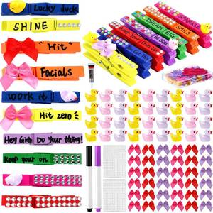 lot 8753 image: Dingion 60 Set Cheer Pins Spirit Clips Include 60 Wooden Clothes Pin Resin Ducks Bows Self Adhesive Glitter Sticker Pen Glue Ribbon for DIY Cheer Accessory Schoolbag Decor Team Craft Gift(Colorful)
