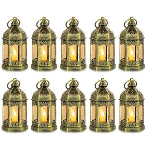 lot 8761 image: Mini Lantern with Flickering LED Candles Set of 10, Hewory Gold Vintage Decorative Hanging Candle Lanterns for Halloween, Christmas, Wedding Decorations, Party, Table Centerpiece, Battery Included