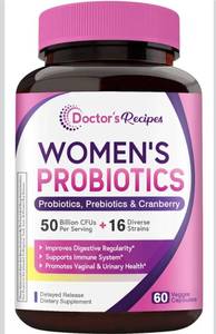 lot 8767 image: Doctors Recipes Womens Probiotic, 60 Caps 50 Billion CFU 16 Strains, with Organic Cranberry, Digestive Immune Vaginal & Urinary Health, Shelf Stable, Delayed Release, No Soy Gluten Dairy