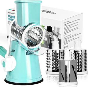 lot 8778 image: X Home Rotary Cheese Grater for Kitchen, Shredder with 3 Interchangeable Blades, Rotary Grater with Handle and Strong Suction Base, for Vegetables, Fruit, Nuts, Easy to Use and Clean, Blue
