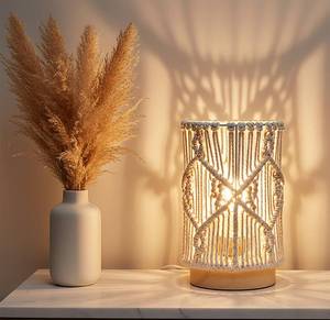 lot 8780 image: AFORTLO Table Desk Lamp,Small Boho Hollow-Out Decorative Bohemian Macrame Handmade Nightstand Night Light Solid Wood Base Lamp for Bedroom,Living Room Or End Table with Bulb(Creamy-White)