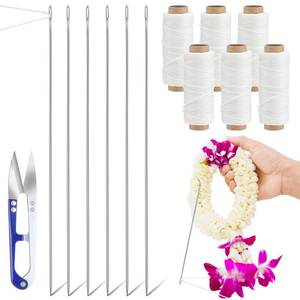 lot 8784 image: Leriton 13 Pcs Lei Needle Kit Include 6 Pcs Stainless Steel Long Needle 6 Twine 1 Sewing Scissors for DIY Marigold Garland Hawaiian Flowers Bead Stitch Craft(14,Basic Style)