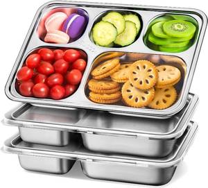lot 8794 image: Stainless Steel Snack Containers with Plastic Lids - 3 Pack - 5 Compartments Bento Snack Boxes - Large Reusable Meal Prep for Kids Adult - Divided Food Storage Container for School, Lunch, Home Travel
