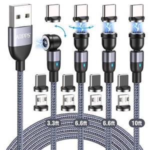 lot 8795 image: Aripps Magnetic Charging Cable 4 Pack (3.3ft6.6ft6.6ft10ft), 540 Degree Rotating Magnet Phone Charger Cable, 3 in 1 Nylon Braided Magnetic USB Cable for Micro,Type C and iProduct Device