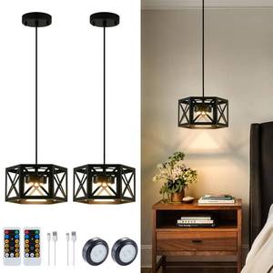 lot 8817 image: XSDeTu 2 Pack Rechargeable Battery Operated Pendant Lights, Modern Farmhouse Battery Powered Hanging Light, 3 Colors Dimmable Metal Ceiling Lights, Adjustable Black Pendant Lighting for Kitchen island