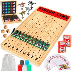 lot 26647 image: TooyBing Large 21 Inches Horse Race Board Game, Horse Racing Games with Cards and Dice & 11 Luxury Metal Foals, Thickened Wood Chessboard, Classic Wooden Table Top Board Games for Adults and Family (Wooden Case Needs Reattached) - Retail $47