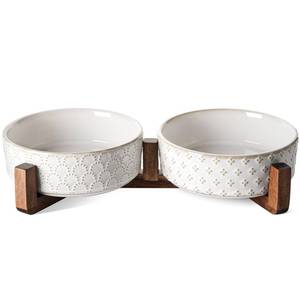 lot 26648 image: LE TAUCI Dog Bowl Set with Acacia Wood Stand - 1.5-Cup Ceramic Puppy Bowls for Small Dogs, Dual Food and Water Bowls with Weighted Non-Slip Base - Retail $28