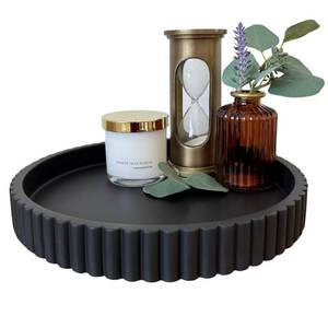 lot 26659 image: OAKOA Concrete Black Tray for Coffee Table - Round Black Decorative Tray for Table Decor - Bandejas Decorativas para La Sala - Coffee Table Centerpiece - Retail $35
