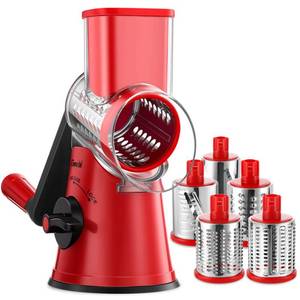 lot 26666 image: Geedel Rotary Cheese Grater Cheese Shredder with 5 Interchangeable Blades - Upgraded Rotary Grater Featuring Strong Suction Base for Cheese Shredding, Wavy Slicing, Nut Grinding, and Ice Shaving - Retail $36