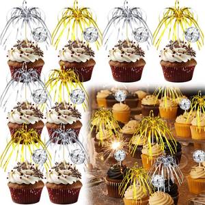 lot 26672 image: Potchen 120 Pcs New Year Firework Disco Ball Cupcake Toppers, 100 Firework 20 Disco Ball Cupcake Toppers Foil Frill Toothpicks Cake Decorations Food Picks for Holiday Party(Gold and Silver) - Retail $14